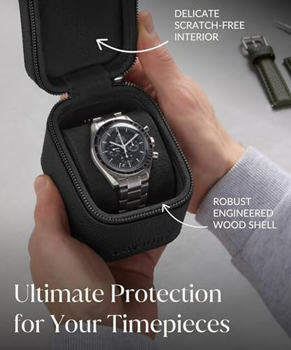 TAWBURY Single Watch Travel Case - Genuine Top-Grain Leather Watch Box for Men & Women with Metal Zipper and Extra Wide Pillow for Large Watches (Black) - color: Black