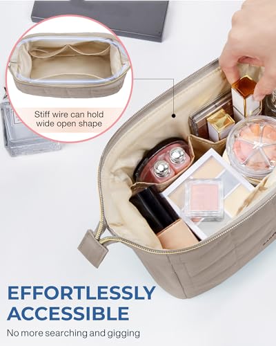 BAGSMART Makeup Bag Travel Toiletry Bag, Puffy Padded Make Up Bags for Women Makeup Organizer Case, Wide-open Pouch Purse Travel Essentials Toiletries Accessories Brushes, Camel - color: 09-Greige