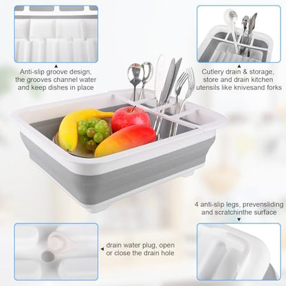 Collapsible Dish Drying Rack with Drain Plug Tube, Portable Dish Drainers for Kitchen Counter, Folding Dish Rack Over Sink Drying Dinnerware,Kitchen Sink Organizer Travel Trailer RV Camping Essentials - style: With Drain Plug