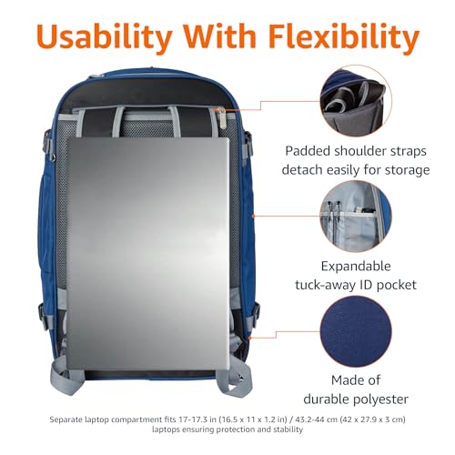 Amazon Basics Travel Backpack, Carry-On with Laptop Compartment, 1.55 cubic Expandable Storage, Dual Use Backpack & Shoulder Bag with Multiple Compartments and Pockets, 13.8'' x 9.5'' x 21.5'', Navy - color: Navy