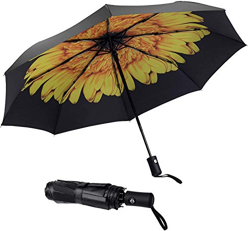 SY COMPACT Travel Umbrella - Windproof Automatic Compact Umbrella for Rain, Lightest 8-Rib, Small, Strong & Portable, Durable Grip, Fits Backpack & Car, Factory Direct (UV Available) - color: UPF-Flower yellow