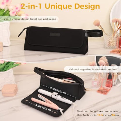 JKAOO Hair Tools Travel Bag and Heat Resistant Mat, 2 in 1 Portable Organizer Hair Travel Case for Curling Iron, Hair Straightener, Flat Irons, PU Hangable Handle, Neoprene (Elegant Black) - color: Elegant Black