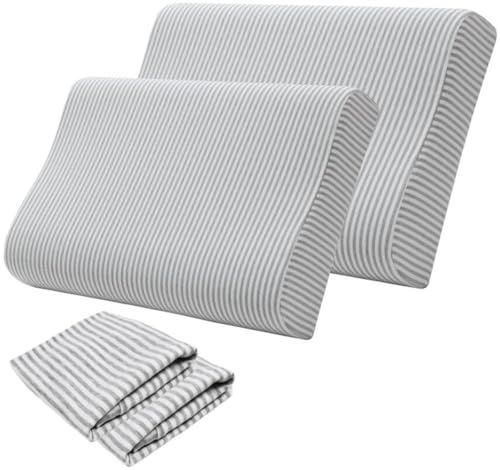 2 Pack Memory Foam Neck Pillow Cover, Soft Cotton Pillow Protector with Hidden Zippered Closure - color: Grey Stripes (2 Pack), size: 20x12 Inch (Pack of 1)