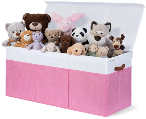 SoftOwl Extra Large Toy Storage Organizer with Lid - Sturdy, Collapsible Toy Chest Storage Box Design - Toys Bin with Dividers for Kids, Nursery, Bedroom, Playroom 37"x16"x14" - color: Pink & White