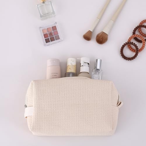 DYSHAYEN Waffle Makeup Pouch Bag, Small Travel Cosmetic Bag, Gifts for Women Bridesmaid,Wedding,Christmas (Beige) - color: Beige