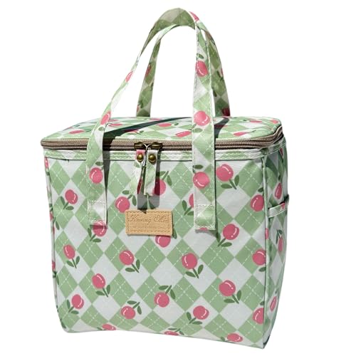 Kwang Min Floral Insulated Lunch Bag for Women,Reusable Lunch Box,Large Cooler for Office,Picnic Outdoors,Premium Quality Waterproof Fabric,Ideal Gift for Outdoors and work (Green Gingham Check) - color: Green Gingham Check