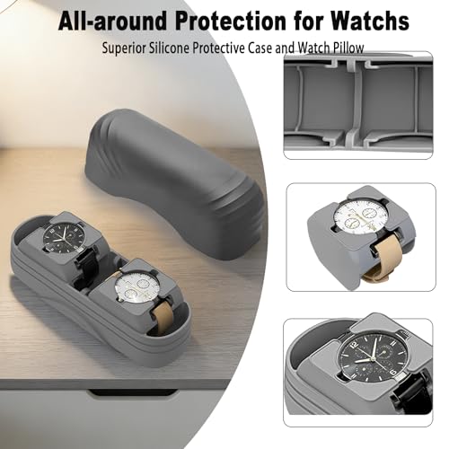 2 Slot Watch Travel Case for Men, Portable Silicone Watch Storage Box and Organizer with Removable Pillows, Fit for Wristwatches and Smart Watches up to 50mm, Anti-scratches and Protection