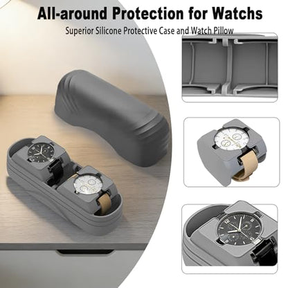 2 Slot Watch Travel Case for Men, Portable Silicone Watch Storage Box and Organizer with Removable Pillows, Fit for Wristwatches and Smart Watches up to 50mm, Anti-scratches and Protection