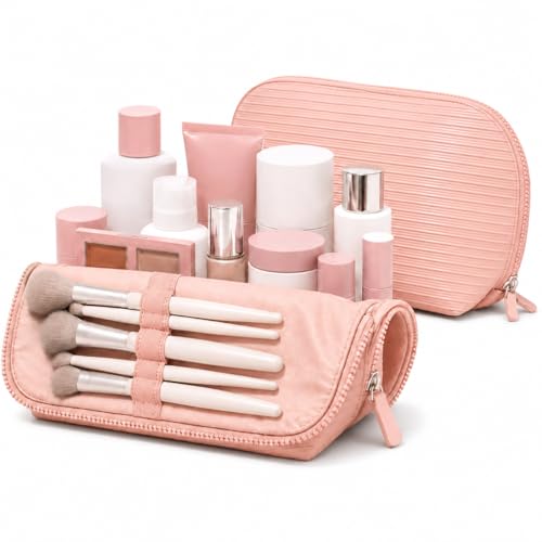 APT 1101 Large Standing Foldable Makeup Bag for Travel, Vertical Folding Down Design, Organized Cosmetic & Skincare Bag for 2–4 Week Trips (Peach, Medium) - color: Peach, size: Medium