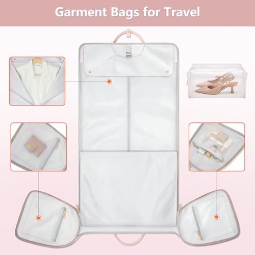 Garment Bags for Travel, Convertible Suit Travel Bag for Women, Fashion & Cute Carry On Garment Bag w/Shoes Pouch, 2 in 1 Foldable PU Leather Hanging Duffle Bag, Single-Zipper Design, Pink - color: Light Pink