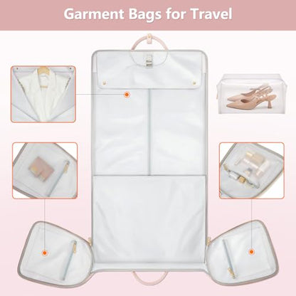Garment Bags for Travel, Convertible Suit Travel Bag for Women, Fashion & Cute Carry On Garment Bag w/Shoes Pouch, 2 in 1 Foldable PU Leather Hanging Duffle Bag, Single-Zipper Design, Pink - color: Light Pink