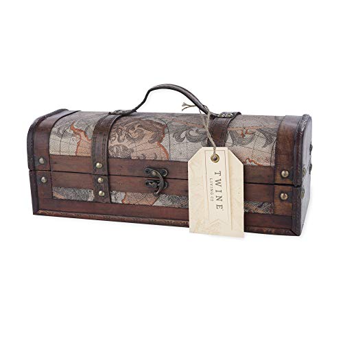 Twine Old World Wine Bottle Gift Box, Wooden Wine Box with Lid and Handle, Wood, Faux Leather, Antique Map Design, Holds 1 Bottle - size: 1 Bottle