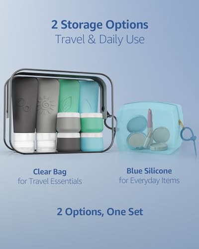 23-Piece All-in-One Silicone Travel Bottles Set – TSA Approved Leakproof Toiletry Kit with Double Bags, Flat Easy-Squeeze Bottles with Tactile Icons, Cream Jars, Pump & Spray, Cleaning Brush - color: 23A-Blue, size: 23