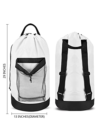 Dalykate Backpack Laundry Bag, Laundry Backpack with Shoulder Straps and Mesh Pocket Durable Nylon Clothes Hamper Bag with Drawstring Closure for College, Travel, Laundromat, Apartment - color: White