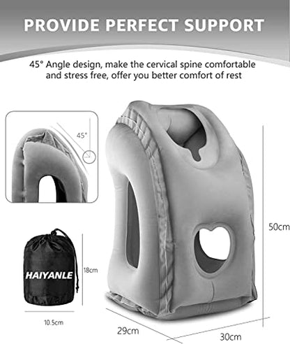 Inflatable Travel Pillow - Multifunctional Travel Pillow for Adult Chin Supporting Travel Neck Pillow Airplane Sleeper Office Napping Pillow with Eye Mask, Earplugs and Portable Bag