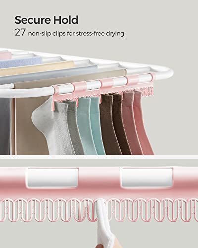 SONGMICS Clothes Drying Rack, Foldable 2-Level Laundry Drying Rack, Free-Standing Laundry Airer, with Height-Adjustable Wings, 33 Drying Rails, Sock Clips, White and Pink ULLR053P01V1 - color: White + Pink, size: 2 Tiers（22"d x 61.8"w x 64.3''h )