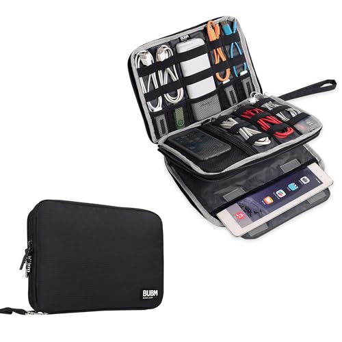 BUBM Double Layer Electronics Organizer/Travel Gadget Bag For Cables,Memory Cards,Flash Hard Drive and More,Fit For iPad Or Tablet(Up To 9.7")--Large, Black - color: Black, size: Large,2-layer