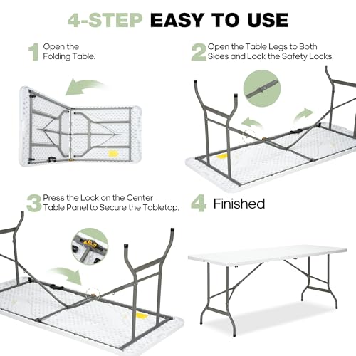 Folding Table 6ft, Heavy-Duty 500lbs Weight Capacity Foldable Table with HDPE Top & Steel Legs, Portable 6 Foot Picnic Table for Indoor Outdoor Parties, Camping, Event
