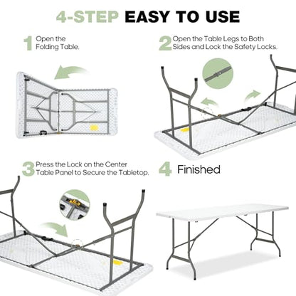 Folding Table 6ft, Heavy-Duty 500lbs Weight Capacity Foldable Table with HDPE Top & Steel Legs, Portable 6 Foot Picnic Table for Indoor Outdoor Parties, Camping, Event
