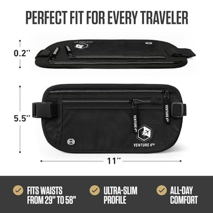 VENTURE 4TH Money Belt for Travel – Slim Hidden Under-Clothes RFID Blocking Anti-Theft Passport Holder & Travel Wallet Pouch for Men & Women to Protect Cash, Cards & Documents (Pure Black) - color: Pure Black