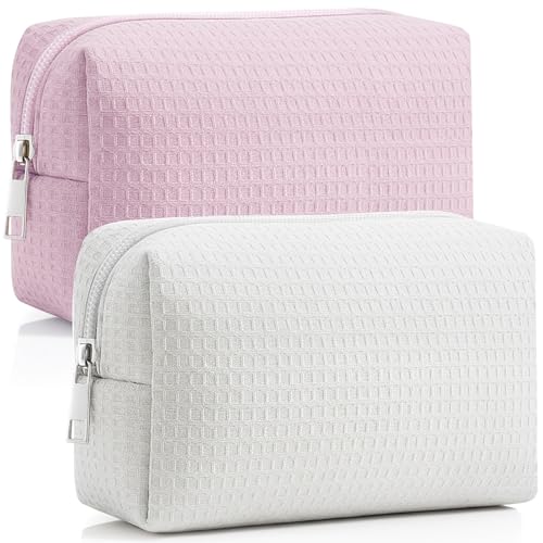 Gilprop 2Pcs Cozy Makeup Bag for Women Portable Travel Waffle Toiletry Bag Wedding Gifts Soft Aesthetic Makeup Organizer Large Pouch with Zipper for Bridesmaid Lady Sister Daughter - color: Rose Pink, White