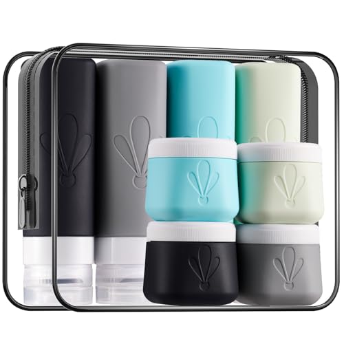 INSFIT travel bottles for toiletries 8 Pack, Leak proof Travel Size Toiletries Containers with toiletry bag, Squeezable Silicone Bottles & Cream Jars, Travel Essentials BPA-Free kit for Shampoo - color: 8Pack Black, size: 3oz,2oz