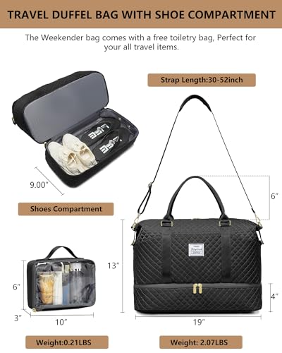 Womens Weekender Travel Overnight Bag: Carry On Bag with Shoe Compartment | Duffle Bags, Carry On Bag with Wet Pocket, Yoga Gym, Travel Bags with Toiletry Bag, Trips Hospital Bags Black - color: 1-Black, size: Large