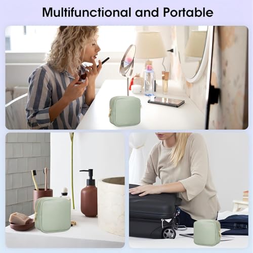 Wandering Nature Small Makeup Bag for Purse Mini Make up Pouch Cute Cosmetic Pouch for Women with Slip-in Pockets Eco Vegan Leather, Green - color: Green