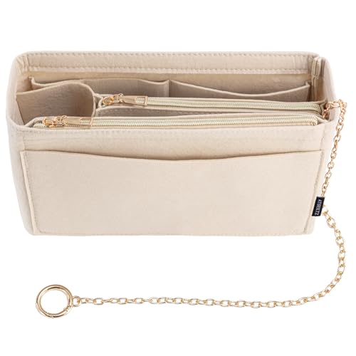 Purse Organizer Insert, Handbag Organizer with Zipper, Tote Shaper with Cup Holder & Keychain, Compatible with LV, Neverfull, MK, COACH, Longchamp, Kate Spade– Beige-Sl. Med - color: Beige, size: Slender Medium