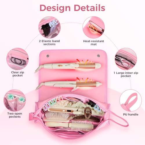 JKAOO Hair Tools Travel Bag and Heat Resistant Mat, 2 in 1 Portable Organizer Hair Travel Case for Curling Iron, Hair Straightener, Flat Irons, PU Hangable Handle, Neoprene (Sweet Pink) - color: Sweet Pink