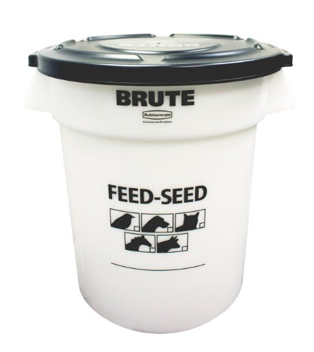 Rubbermaid Commercial Products BRUTE Container with Lid 20 Gal Feed/Seed White, for Bird/Animal/Pet Food