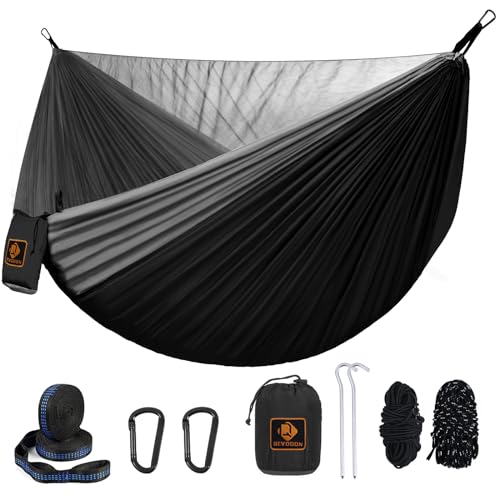 Camping Hammock, Portable Hammocks with Mosquito Net,Lightweight Nylon Parachute Hammock with 10ft Tree Straps,Camping Gear Must Haves for Travel Hiking Backpacking Beach Patio-Black&Grey - color: Black&grey, size: Large