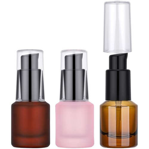 Segbeauty 0.5oz Frosted Glass Empty Lotion Bottles with Pump, 3pcs Travel Refillable Oils Bottles for Toiletry, 15ml Mini Travel Size Cream Container, Leakproof Liquids Serum Dispensers in Mixed Color - color: Amber Pink Red, style: 3pcs 0.5oz
