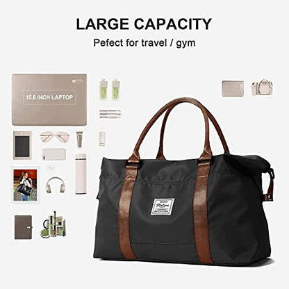 Sport Travel Duffle Bag Large Gym Tote Bag for Women, Weekender Bag Carry on Bag for Airplane, Ladies Beach Overnight Luggage Bag with Wet Pocket Black Large - color: Black with Brown Handle
