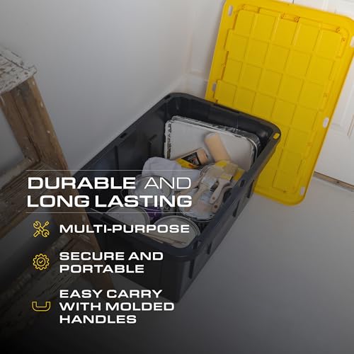 CX Black & Yellow 27-Gallon Heavy Duty Stackable Storage Bins with Lids, Dorm Room Essentials, Moving Boxes, Back to School, Classroom Organization, Home Organization, 4 Pack (14.3"H x 20.6"W x 30.6"D) - size: 27 Gallon