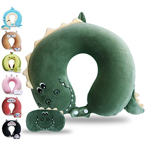Sexysamba Cartoon Headrest & Neck Pillow for Kids Boys & Girls, Teens, Travel Accessories for Airplane, Car, Recline, Memory Foam Cute Travel Pillow with Sleep Eye Mask - Dinosaur - color: Dinosaur