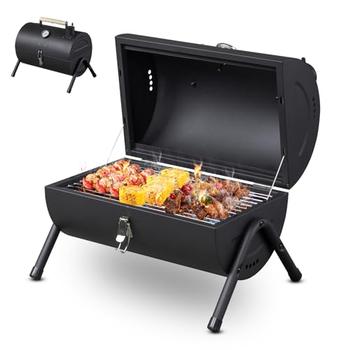VINGLI Portable Charcoal Grill with Thermometer & Wooden Handle, Multi-functional Metal Compact Tabletop BBQ Outdoor Charcoal Grill for Camping Travel Picnic Patio - style: One-Side