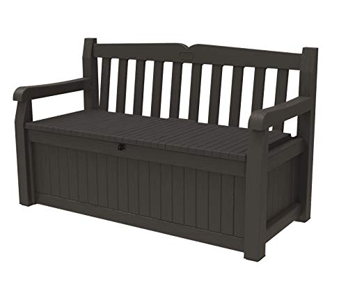 Keter Solana 70 Gallon Storage Bench Deck Box for Patio Furniture, Front Porch Decor and Outdoor Seating – Perfect to Store Garden Tools and Pool Toys, Brown/Brown - color: Brown
