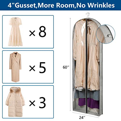 3 Pack 60" Long Garment Bags for Hanging Clothes Storage, Clear Suit Garment Bags with 4" Gussets for Closet Storage Travel, Plastic Protector for Dress Gowns, Coats, Suit, Down Jacket - size: 60" 3Pack