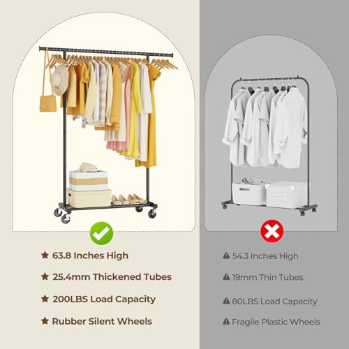 Clothes Rack for Hanging Clothes: Clothing Coat Garment Rolling Racks with Wheels Shelf Portable Closet Storage Organizer Wardrobe Strudy Metal Freestanding Laundry Room Bedroom Dress Shirt Jacket - color: Black, style: Single Rod