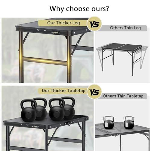 Anbte 2ft Folding Camping Table Max 29.5", 3 Adjustable Height Aluminum Small Folding Table with Storage Net & Portable Handle, Lightweight, for Travel Outdoor Beach Picnic Camp, 23.2" x 16", Black - size: 24"L x 16"W x 29.5H"