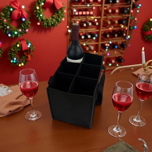 6 Bottle Wine Carrier with Divider Felt Wine Storage Tote Bag, Portable Reusable Wine Travel Bag with Handle for Christmas Travel Camping Picnic Party(black) - color: black