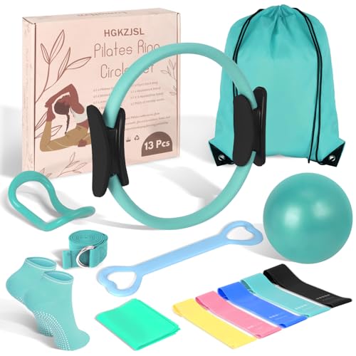Pilates Kit for Women 13PCS, Pilates Ring and Ball Set with Magic Circle, Resistance Bands Set, Figure 8 Band, Yoga Ring & Grip Socks, Home Workout Equipment Essentials Starter Kit for Beginners - color: Teal