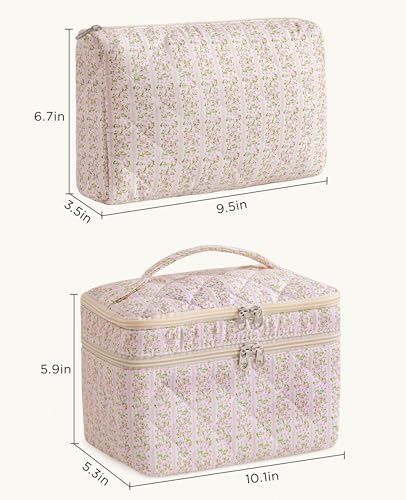 HBselect 2Pcs Travel Makeup Bag, Large Cotton Quilted Makeup Bag Cosmetic Bag Cute Make up Bag Toiletry Bags for Women Girls - color: 2PCS-FLOWER4