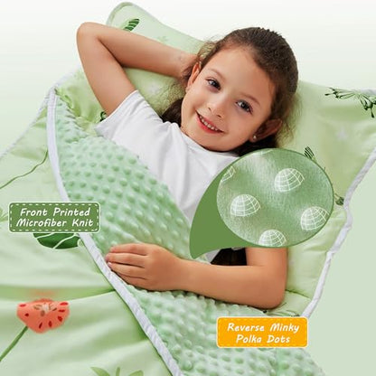 Lasoftan Toddler Nap Mat with Pillow and Blanket, Extra Large Rolled Napping Mats,Slumber Bags for Boys Girls,Kids Sleeping Bag for Daycare, Preschool Travel Camping - color: Green Butterfly