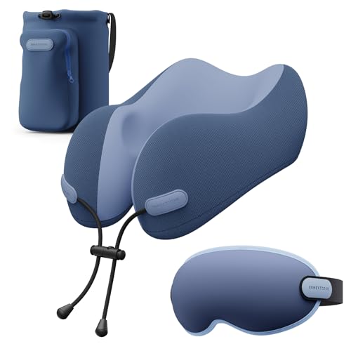 urnexttour Neck Pillow for Travel Memory Foam Design Models Pillows with Zero Eye Pressure 3D Eye Mask and Compact Bag Traveling Essentials Plane Car Flight Rest Sleeping Use Adult, Blue - color: Blue