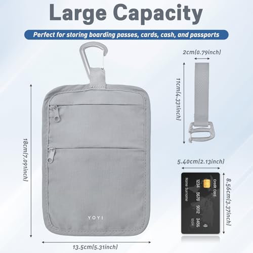 Hidden Travel Wallet Belt Wallet – Large Capacity Passport Holder & Hidden Money Pouch, 3-Zone Organizer Anti-Theft Waist Wallet with Dual Clip Belt & Carabiner - color: Grey
