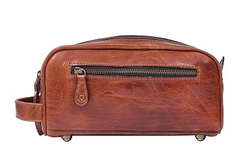 Leather Toiletry Bag for Men | Grooming Travel Kit | With Waterproof Lining | By Aaron Leather Goods - color: Jade Brown