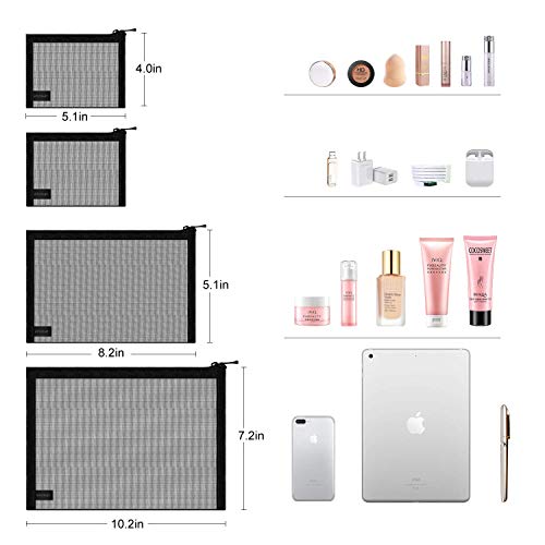 EASYFUN Mesh Pouch, Make up Bag with Zipper Cosmetic Organizer Pouch for Daily or Travel to Keep Small Items, 4 PCS Black - color: Black