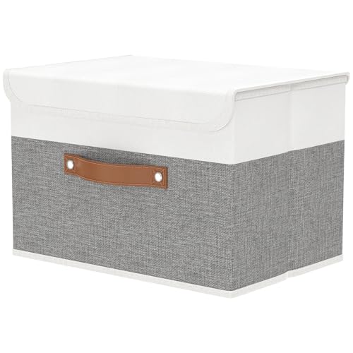 OUTBROS Large Fabric Storage Box with Lids, Foldable Linen Wardrobe Containers, Organiser For Towels, Clothes, 17.7 x 11.8 x 11.8 inch (White/Grey, 1-Pack) - color: White/Grey, size: 17.7x11.8x11.8in(1-pack)